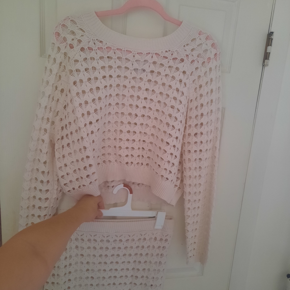 White Cream Crochet Knit Top And Skirt Set